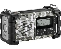 Sangean Radio d'urgence DAB+, FM AUX, USB, Bluetooth Lampe de poche, Rechargeable, Fonction de charge de batterie, Panneau solaire Arctic Camo