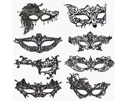 SnelShoppen - Venetian Mask Set van 8 - Zwarte Kanten Oogmaskers met Elastische Band voor Vrouwen - Perfect voor Feest, Carnaval, Masquerade Ballen en