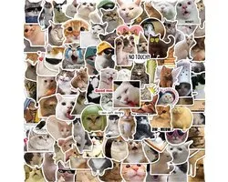 100 Katten Meme stickers - varierende maten vanaf 3 bij 4 tot 4 bij 5cm - Cats - Funny - Kat - Kater - Poes - Decoratie - Versiering - Verjaardag