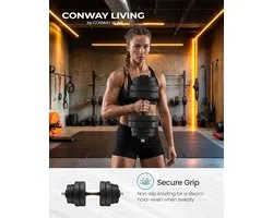 Conway Living® Halter en Dumbells Gietijzer - Dumbells set Verstelbare - Halterset 30 kg - Halterstang met Gewichten - Zwart - Anti Slip