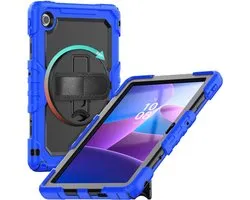 Hoes met ingebouwde Screenprotector Geschikt voor Lenovo Tab M10 Gen 4 (2025) | Inclusief 360° Draaibare Handriem en Schouderriem | Extreme bescherming | Ideaal voor zakelijk gebruik | Blauw