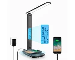 Bureaulamp - LED - USB en Draadloos Mobiel Opladen - Leeslamp - Bedlamp - Touch Control - Leeslamp Staand - Wireless Charger - Desk Lamp - Zwart