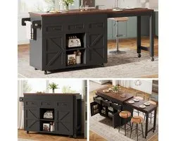 Kebnor Kitchen Island with Storage Space, Extendable Dining Table, Bar Table (131.5-210 cm), 360° Rotating, with Drawers and Cabinets, Versatile Worktop for Kitchen, Dining Room and Small Spaces