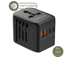 GlobeTrek® Wereldstekker - Reisstekker - Fast Charging - 2 USB-C & 2 USB-A - Universele Wereldstekker voor 170+ Landen: Amerika (USA), Engeland (UK), Australië, Zuid Amerika, Azië, Afrika, Europa - Wereldstekkers - Zwart