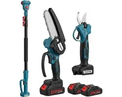 Truskore 4-in-1 Accu Tuingereedschap Set 244cm - Telescopische Snoeischaar & Telescopische Mini Kettingzaag - Mini Kettingzaag & 25 mm Elektrische Snoeischaar - 21V Li-Ion - 8 inch - Incl. 2 Accu's & Lader