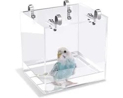 Hangend vogelbadje - 13*13*11 cm - Kubusvormig vogelbadje - Douchebak - Komvormig vogelbadje - Accessoires voor vogelkooi - Geschikt voor kleine vogels - Geschikt om binnen en buiten de kooi op te hangen - Gemaakt van acryl - Transparant