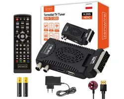 Zenwire DVB-T2 002 - Tuner DVB-T2 H.265 HEVC - Full HD - USB - HDMI - PVR - Timeshift - EPG - Péritel (connexion Euro) - Télécommande - Piles - Récepteur IR - Alimentation - Convient pour téléviseur et projecteur