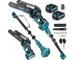 Mini-tronçonneuse à batterie 2-en-1 de 8 pouces avec perche télescopique, tronçonneuse télescopique sans balais de 1200 W avec 2 batteries, réservoir d'huile de 50 ml, portée de travail de 4 m