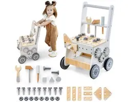 Mamabrum Houten Kinder Loopwagen en Werkbank 3-in-1 vanaf 1 Jaar - Baby Walker met Gereedschap en Activiteiten - Leren Lopen