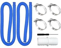 Zwembadslang van 32 mm, twee zwembadpompslangen van 150 cm met één slangkoppeling en vier veiligheidsclips, geschikt voor filterpompen en zwembaden - blauw