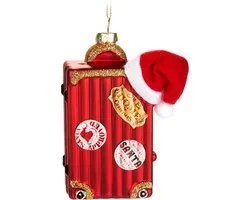 BRUBAKER Koffer van de kerstman, met de hand beschilderde glazen kerstbal, 12 cm, kerstkoffer, rood met kerstmuts, mondgeblazen kerstboomversiering