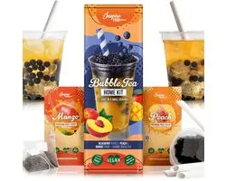 INSPIRE FOOD Bubble Tea Set - Boba aux myrtilles 100 g, sirop de pêche 30 ml, sirop de mangue 30 ml, 4x Pailles + 2x thé au jasmin | 100% végétalien, sans gluten, sans colorants artificiels