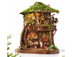 VHV - DIY Mini Huis Boomhut Boekentuin - 3D puzzel - 18x21x15cm - LED Touchlamp - Modelbouwpakket - Bouwpakket - Knutselen -Book Nook - Woondecoratie - Boekenkast Decoratie - Cadeau voor Volwassenen 14+ - Batterij niet inbegrepen