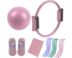 Klikkopers® - Set Pilates 7 Pièces – Ring de Pilates 35 cm – Bande de Résistance – Ballon de Pilates – Chaussettes Antidérapantes – Set complet d'entraînement Fitness et Flexibilité – Rose