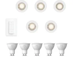 Philips Hue Peridot Set van 5 Inbouwspots (Wit) - Rond - Niet Richtbaar - GU10 - Warmwit Licht - Incl. Hue Dimmer Switch - Hue White