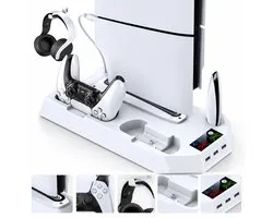 VHV - Verticale Standaard / Koelstation voor PS5 Slim / PS5 Pro - Geschikt voor Sony PlayStation 5, PS5 Disc, Digital, Slim, Pro - Accessoires - Docking Station met 3 USB Hubs - 3 Niveaus Koelventilator