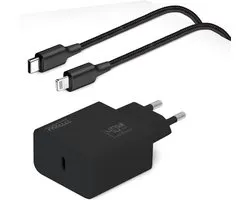 Snellader geschikt voor iPhone + Lightning kabel 1m - Snellader voor iPhone 14 / iPhone 13 / iPhone 12 / iPhone 11 / iPhone X - Usb C oplader