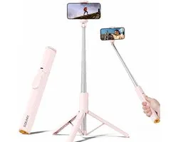 Perche à selfie Sounix - Trépied pour smartphone avec télécommande - Trépied pour téléphone jusqu'à 150 cm de hauteur - Trépied pour smartphone - Rose
