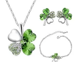 SwirlColor Clover Leaf Necklace Silver Earrings Four Clover Bracelets Adjustable Pendant Necklace Set Peach Heart Rhinestone Crystal Inlayd Jewelry fo