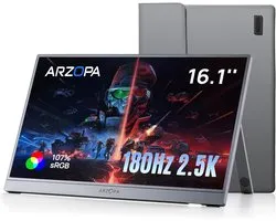 Arzopa Z3FC - Moniteur Portable Ultrafin 2.5K – 180hz Gaming - Bundle de Voyage avec Housse de Protection – USB-C & Mini HDMI – Kickstand Intégré – Pour Laptop, Mac & Smartphone