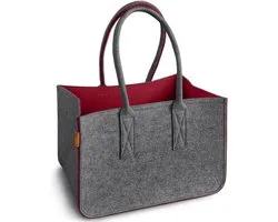 MIQIO Design Felt Shopper, Large Shopping Bag with Handle and Inner Pocket, Shopping Basket, Felt Carry Bag, Storage Basket, Medium Grey-Dark Red