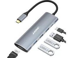 A-KONIC USB C HUB 5 in 1 - met / naar HDMI 4K, 3x USB 3.0 (thunderbolt), USB C opladen - Docking Station - USB Splitter - Spacegrey