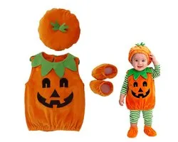 Onesie - Combinaison citrouille - Costume d'Halloween citrouille - Comprend bonnet, couvre-chaussures - Convient aux garçons, filles - Convient pour Halloween, Thanksgiving, anniversaires, citrouillères - Orange