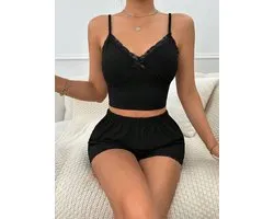 Purple-Daisy Ensemble de chemise de nuit avec top et bas kanten, nœud détaillé et shorts PDS2505 - Taille L/XL - NOIR