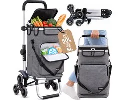 SquareSix Boodschappentrolley Traploper 50L met Koelvak - Boodschappenkar - Winkeltrolley Opvouwbaar - Afneembare Tas - Steekwagenfunctie - Grijs