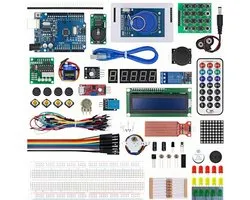 Startpakket voor STEM-elektronicaprojecten met Arduino - Inclusief Mega2560-ontwikkelingsbord, LCD1602-display, servo's, stappenmotoren, sensoren, breadboard, jumpers, weerstanden, condensatoren, transistoren en handleiding - Opbergkoffer