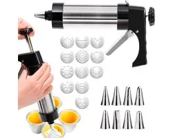 Cookie Press – Cake Decoratie Set – Koekjespers – RVS Spritz Koekjes Pers & Cake Decoratie Set – Koekjes Pers met 13 Vormen – Inclusief 8 Spuitmonden voor Glazuur