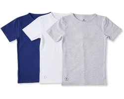 Little Label - T-shirt garçon - Lot de 3 - Combinaison bleu-gris-blanc - Taille 122-128 / 8 ans - Coton bio extra doux