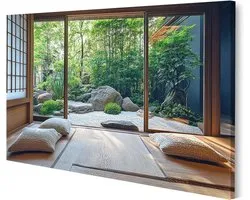 islandburner Afbeelding op canvas Japanse tuin uitzicht van traditionele kamer 4 foto's muurschilderingen poster