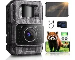 MAXDONE Wildcamera op zonne-energie, wifi, met mobiele telefoontransmissie-app, 4K 64MP, wilddierencamera, bluetooth met bewegingsmelder, nachtzicht, 6000 mAh lithiumbatterij, 32 GB SD-kaart