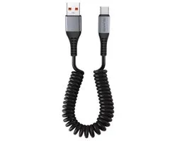 Delmark Krulsnoer USB-A naar USB-C Kabel – 66W Fast Charging Spiraalkabel – 3A Quick Charge & PD – Elastische Krulkabel – Grijs/Zwart