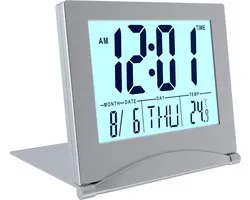 MMOBIEL Klok numérique LCD Réveil de voyage pliable avec rétroéclairage - Klok de bureau Wekker numérique avec température et date - Wekker numérique - Klok numérique sur piles incluses - Argent