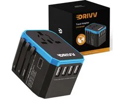 Drivv. Universele Wereldstekker - 4x USB & 1x USB C Fast Charge Travel Adapter - Reisstekker Amerika / Engeland / UK / Canada / Afrika/ Japan / Mexico / Thailand / Zuid Amerika - Type A, B, C, E, F, G, I, J, L, N - 150+ Landen - Reisadapter - Zwart