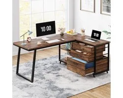 Tribesigns L-vormig Bureau - Computerbureau met 3 Lades - Omkeerbaar Hoekbureau met Planken - Bureau Houten Tafel voor Studeerkamer, Schrijftafel, Werkplek - 135 x 100 x 75 cm - Bruin