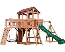 Backyard Discovery Sterling Point Speeltoestel met 3 Schommels en Glijbaan – Klimmuur & rotswand – Trapeze - Zandbak – Loopbrug
