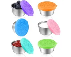 Mini Vershoudbakjes - RVS Snackbox - To Go Set 6 Dressingpotjes 50ml - Duurzame Snackdoosjes - Diepvriesbakjes - Lunchbox Seal cup - Voorraaddoosjes Met Deksel Uit Silicone - Dressing Bakje - BPA Vrij - Lekvrij - Voor Snack/Dips/Salade/Specerijen Enz