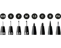 Faber-Castell tekenstift - Pitt Artist pen - zwart - 8-delig XXS, S, F, M, B, C, 1.5, FH - FC-167158