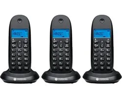Motorola C1001CBW+ - Set van 3 DECT digitale draadloze telefoons - Gespreksblokkering, nummerweergave, handsfree, telefoonboek voor 50 nummers, verlicht display - Zwart