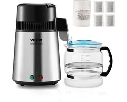 VEVOR Waterdestilleerder Distilleerder, 4 liter Gezuiverd Waterzuiveringsfilter, 750 W Gedistilleerde Watermaker, met Roestvrijstalen Interieur Distilleerder voor Water, Zilver Huishoudelijk 1 liter Water per uur