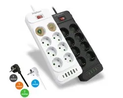 intplus+ Stekkerdoos 8-voudig – 5 Meter – 6 USB (2x USB-C Snelladen) – Overspanningsbeveiliging – Kinderveilig – Schakelaar – 2500W Wit