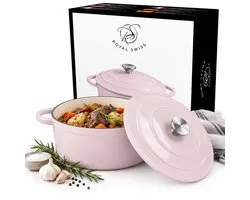 braadpan 22 cm–gietijzeren pan–braadpan inductie–Geëmailleerde Gietijzeren Stoofpan–Ovenbestendig Met Deksel Roze – Royal Swiss®