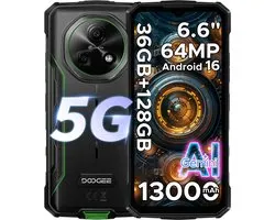 DOOGEE Fire 7 5G - Smartphone - Robuuste Smartphone - 36GB RAM + 128GB ROM/2TB TF - Android 16 - 13000mAh/18W - 6,6 inch HD+ 90Hz Scherm - IP68 Waterdicht - Dimensity 6300 - 64MP AI Camera - Gemini AI - NFC - OTG - 3 Card Slots - Groen