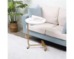 Coffee Table Creative Wrought Iron Coffee Table Round Pine Countertop Tea Table with Foot Brake Wheel End Table for Living Room Sofa Side Table (Color : White)