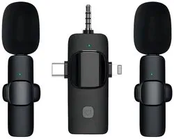 3-in-1 Draadloze Dasspeldmicrofoon Set - Dual Lavalier Mics met 3.5mm Jack AUX + USB-C + 8-Pin - dubbele microfoon - Noise Cancelling - geschikt voor iPhone, Android en Camera - zwart
