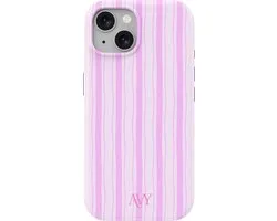 AVY Hoesje geschikt voor Apple iPhone 15 | Pink Horizon | Strepen | Roze | Hard Shell Back Cover | Compatibel met MagSafe & Qi2
