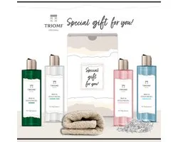 Geschenkset “Special gift for you!” - 5 producten - 1100 gram - Triomf Cosmetica | 4 x Bad & Douchegel 250 ml Dennen Groen Thee Passievrucht Coolwater Luxe Showergel Giftset Douche Gel hem en haar Gift Set Verjaardag Nieuw Huis Woning Cadeau Pakket
